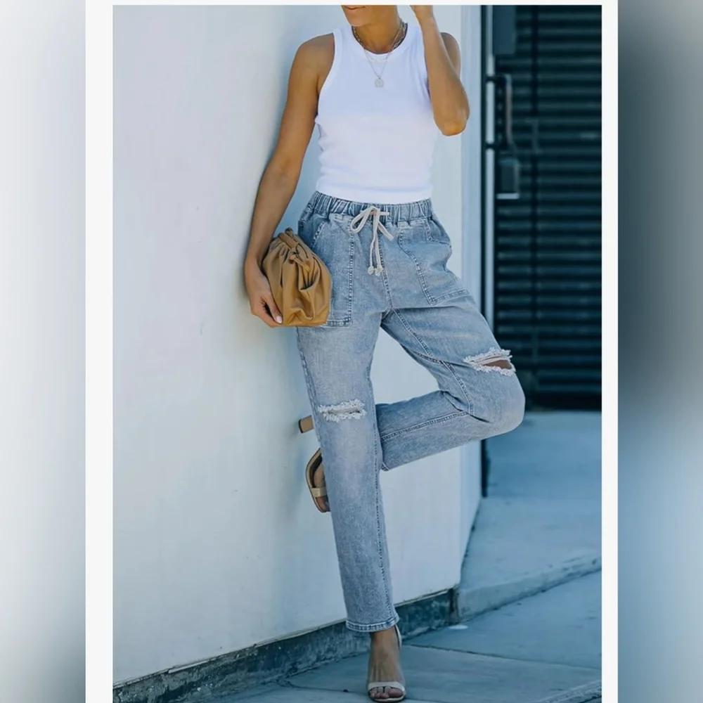 Womens Cargo Jeans Ripped Denim Joggers Elastic Drawstring Waist Pull On Skyblue